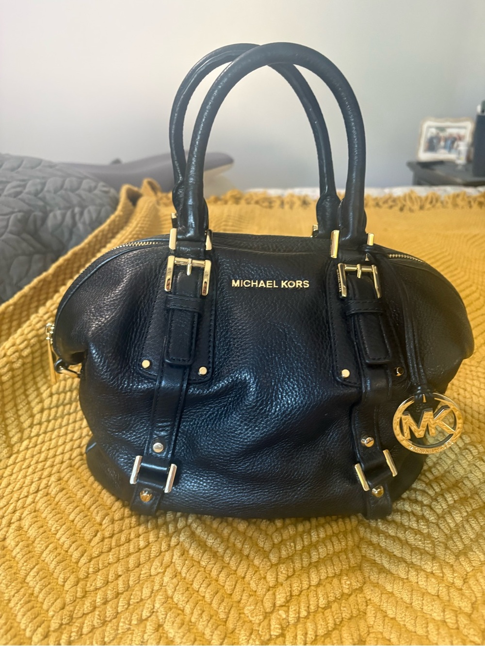 Michael Kors Black Pebbled Leather Dome Satchel with Gold Hardware